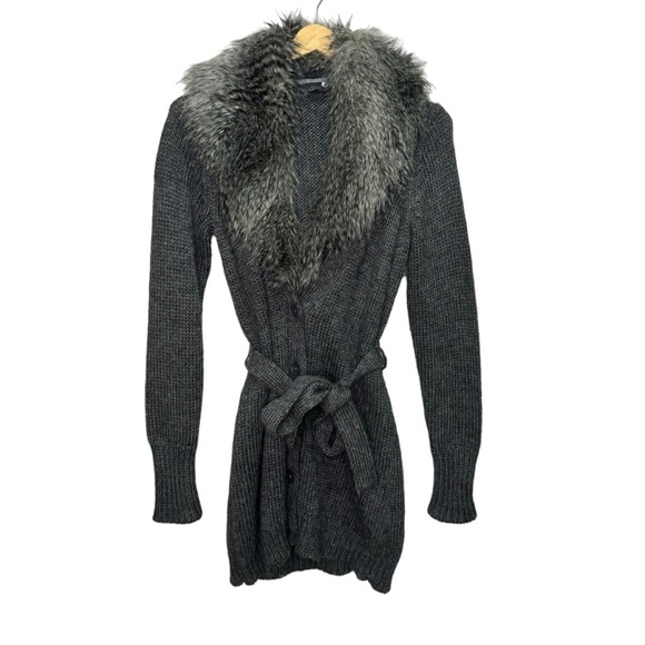 Esprit Faux Fur Collar Wrap Grey Knit Cardigan Belted Size Small - Picture 1 of 14